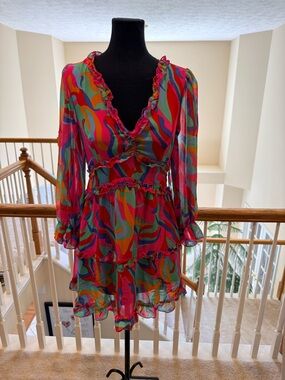 Bold Multicolor Ruffle Tiered Long Sleeve Dress